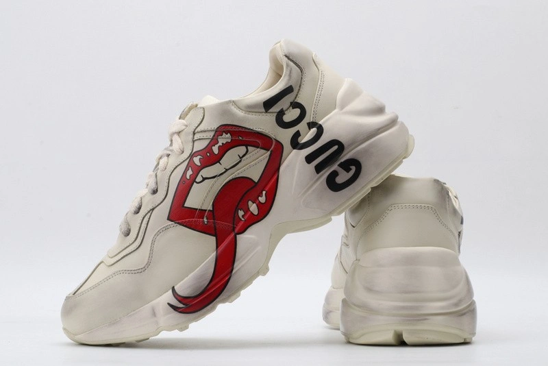 GUCCI ACE EMBROIDERED LOW-TOP SNEAKER  WHITE WITH LIPS