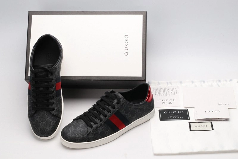 GUCCI ACE EMBROIDERED LOW-TOP SNEAKER GREY WITH STRIPE