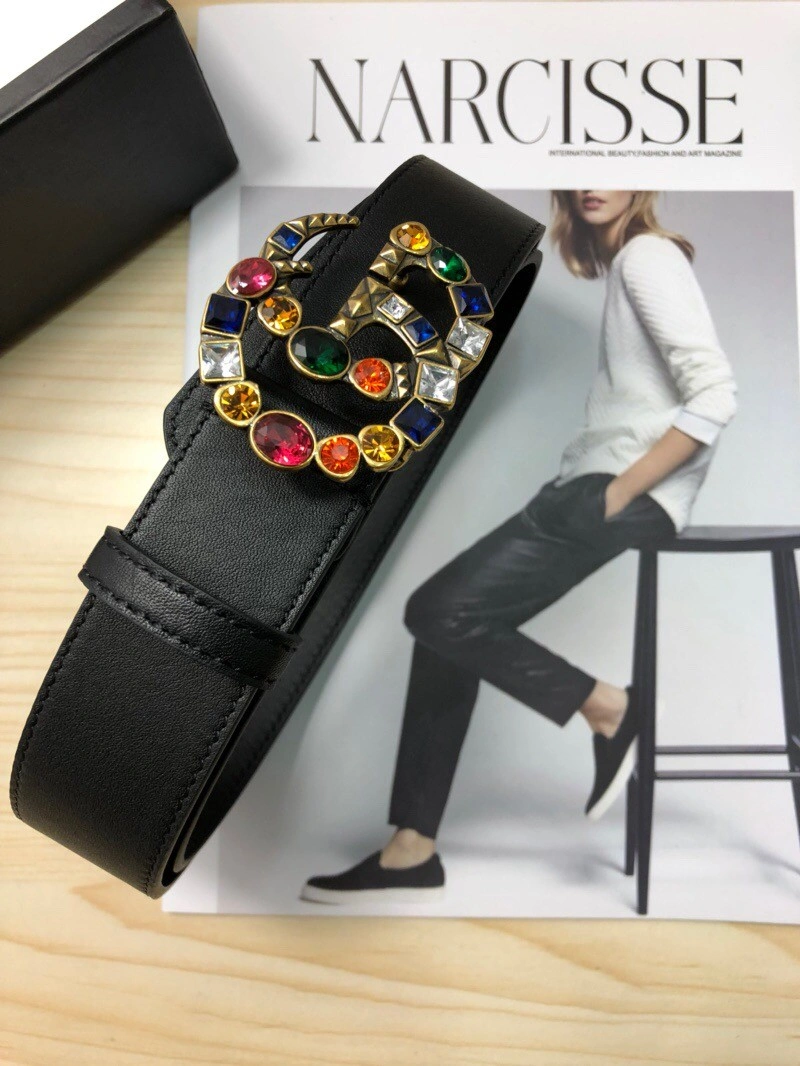 Gucci Leather belt with crystal Double G buckle 513183