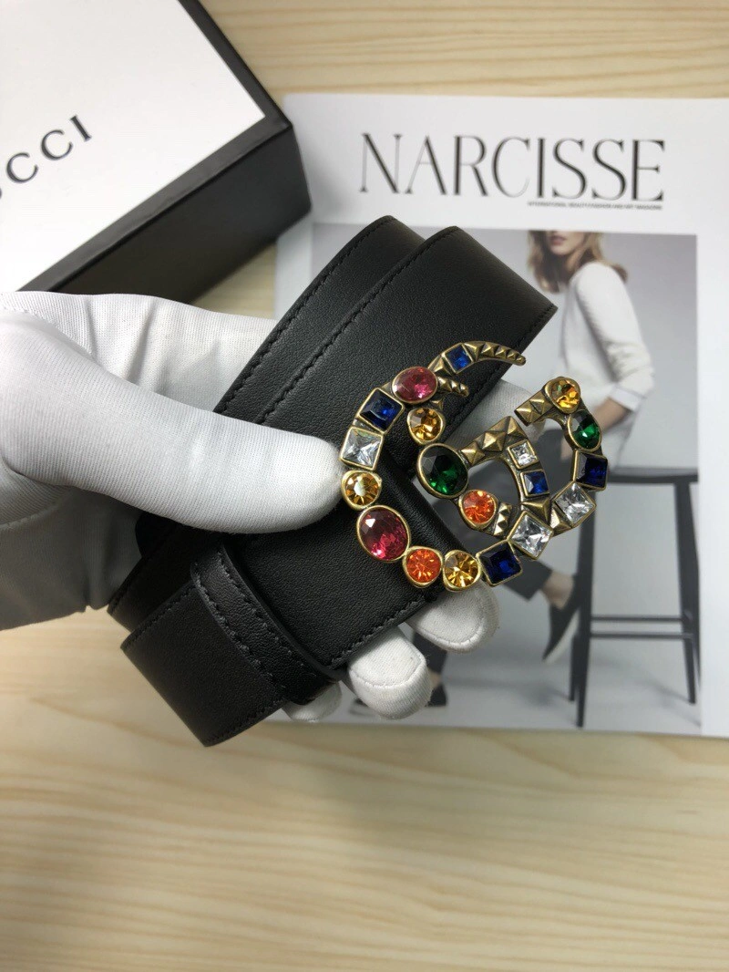 Gucci Leather belt with crystal Double G buckle 513183