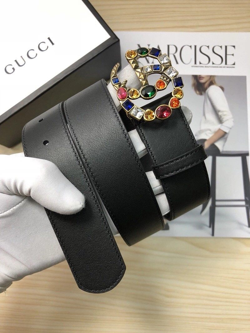 Gucci Leather belt with crystal Double G buckle 513183
