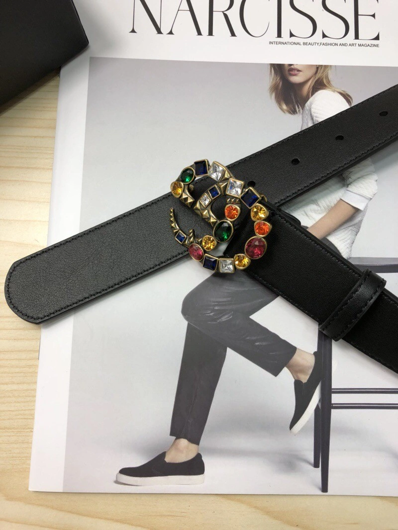 Gucci Leather belt with crystal Double G buckle 513183