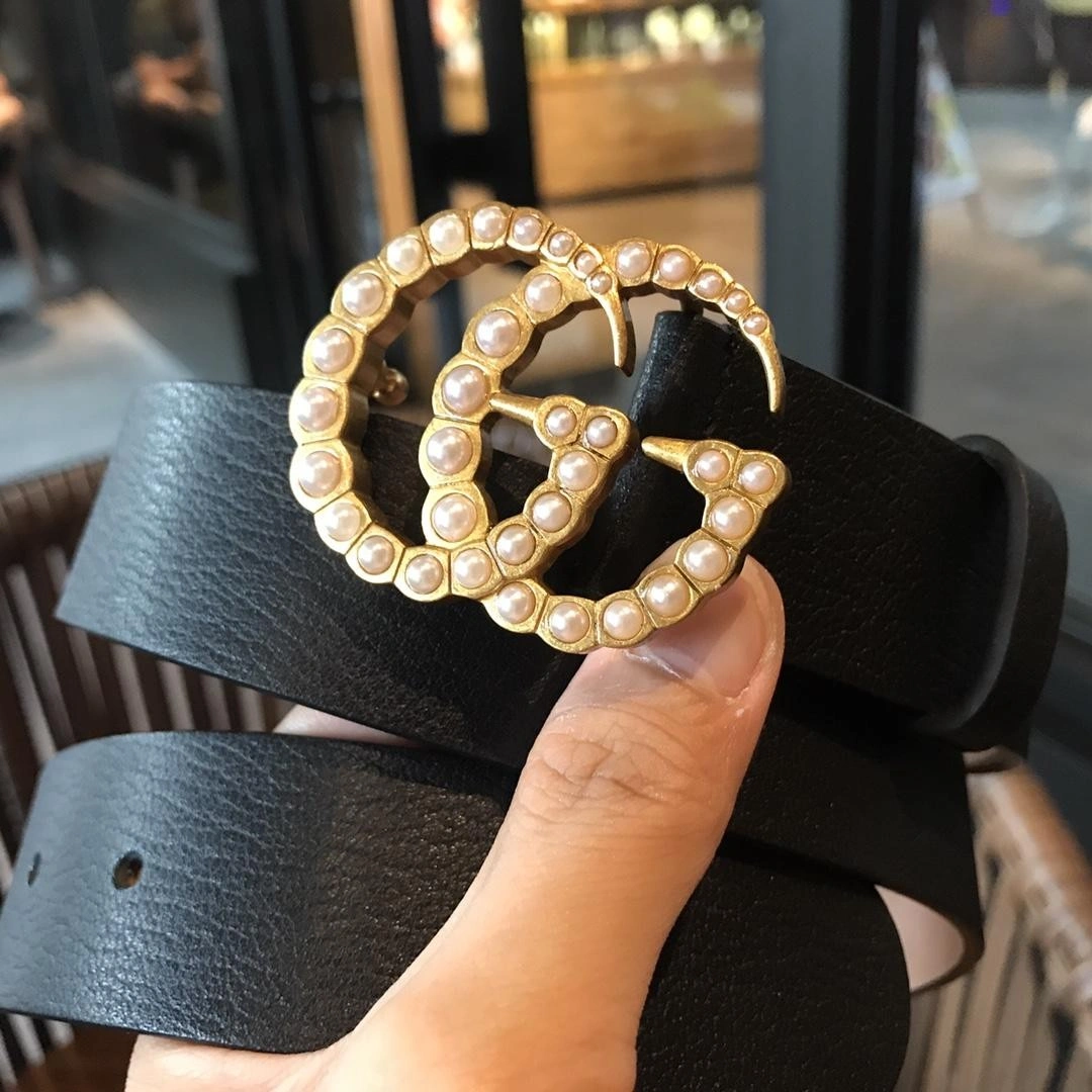 Gucci Leather belt with pearl Double G buckle 476342