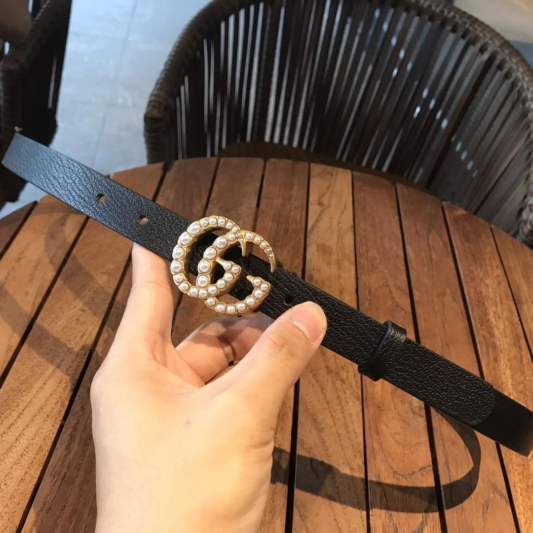 Gucci Leather belt with pearl Double G buckle 476342