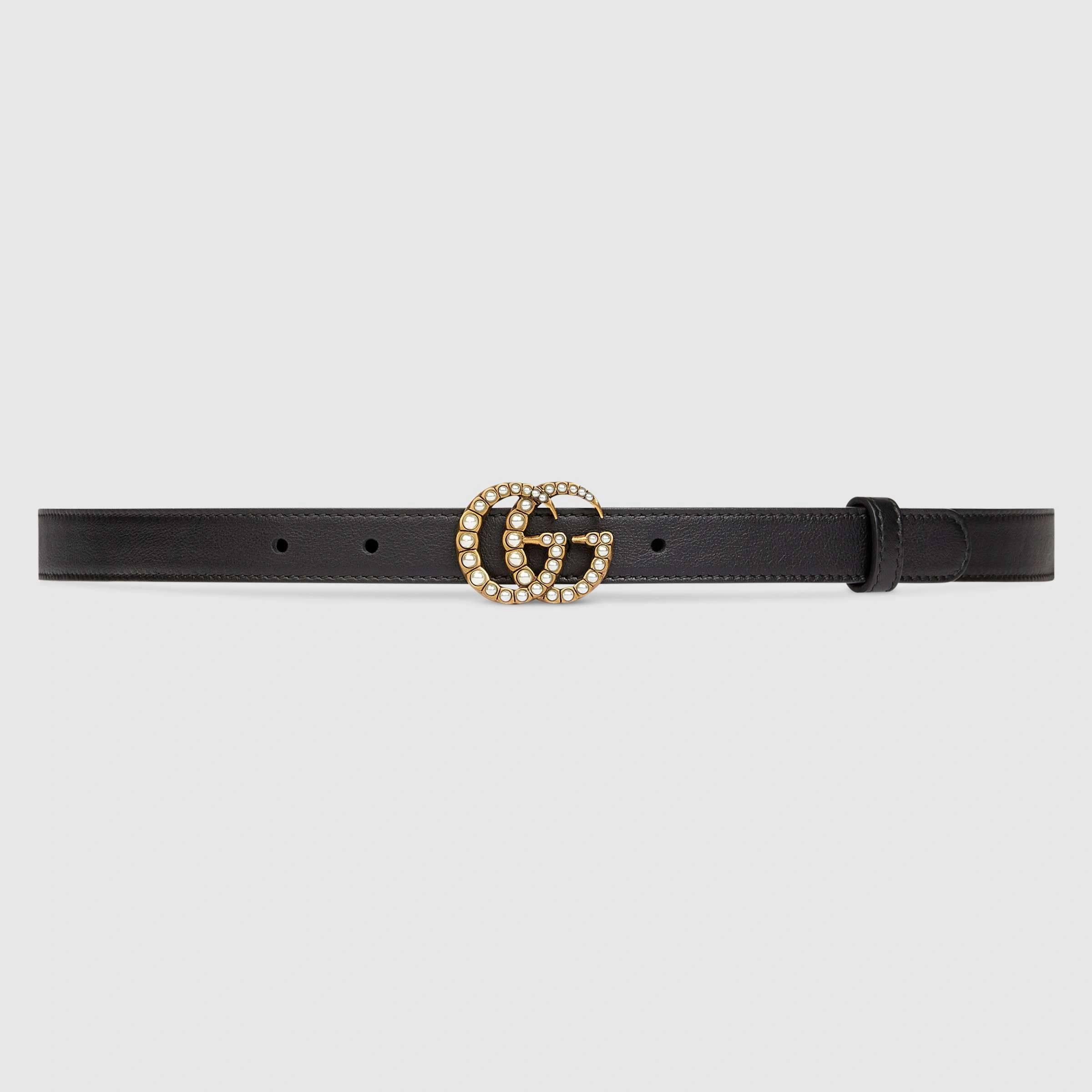 Gucci Leather belt with pearl Double G buckle 476342