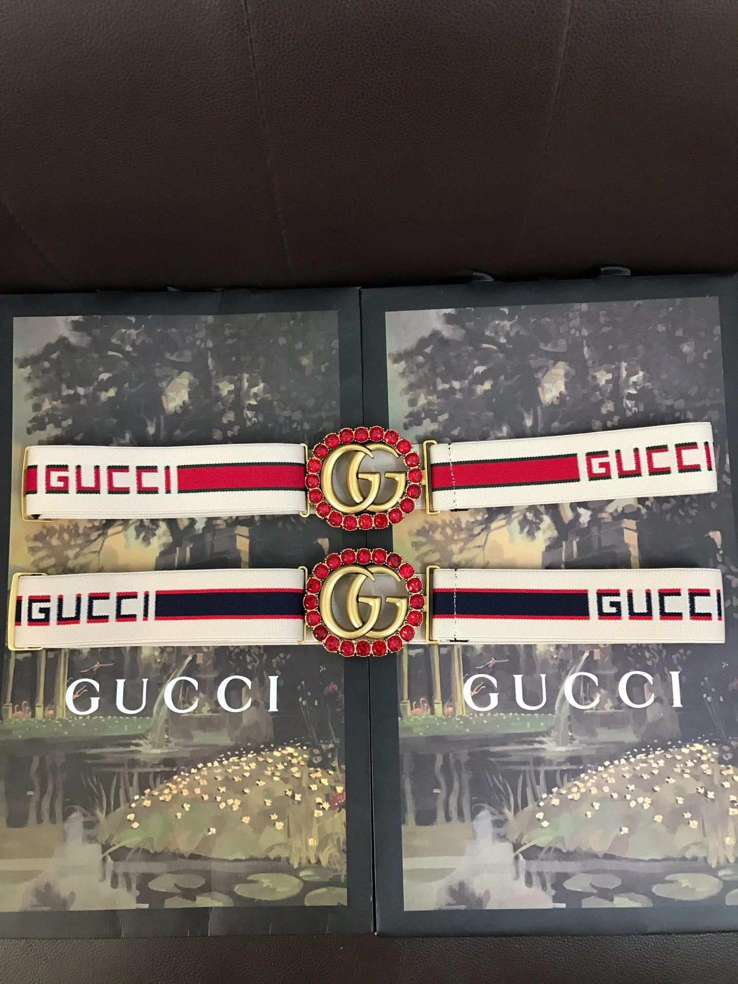 Gucci stripe belt with Double G and crystals 499696