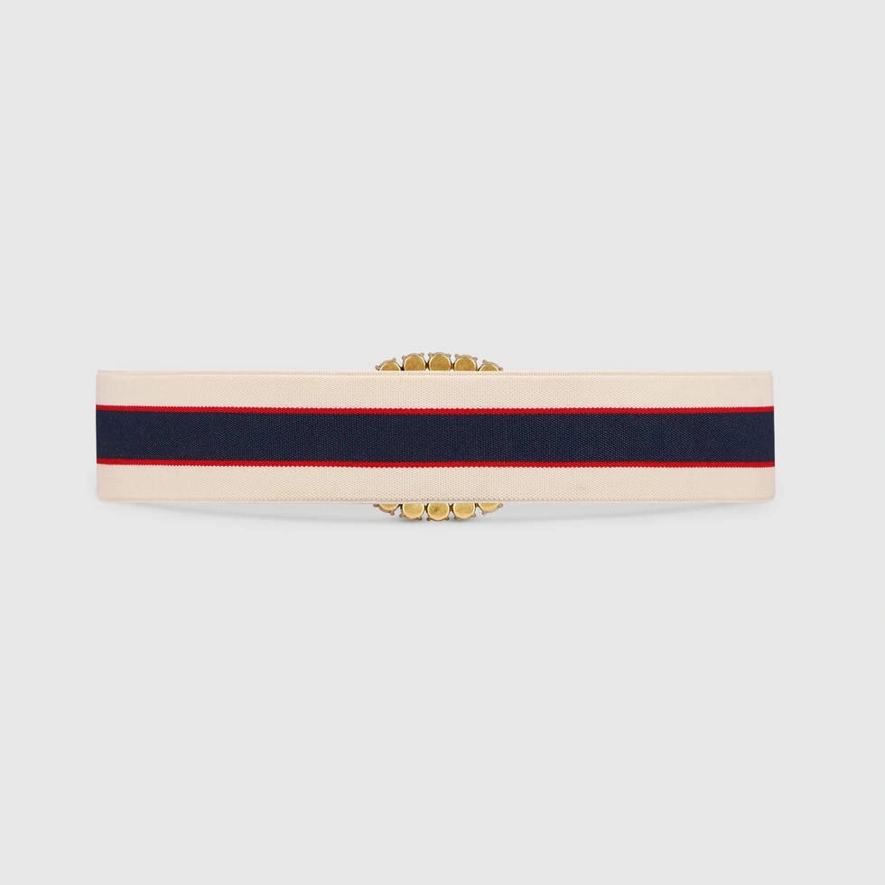 Gucci stripe belt with Double G and crystals 499696