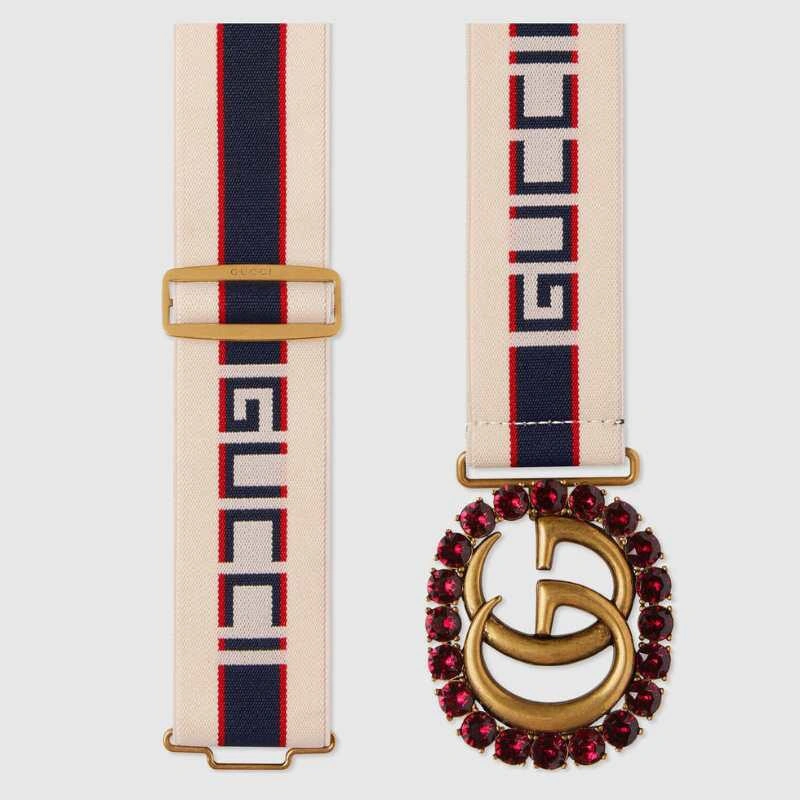 Gucci stripe belt with Double G and crystals 499696