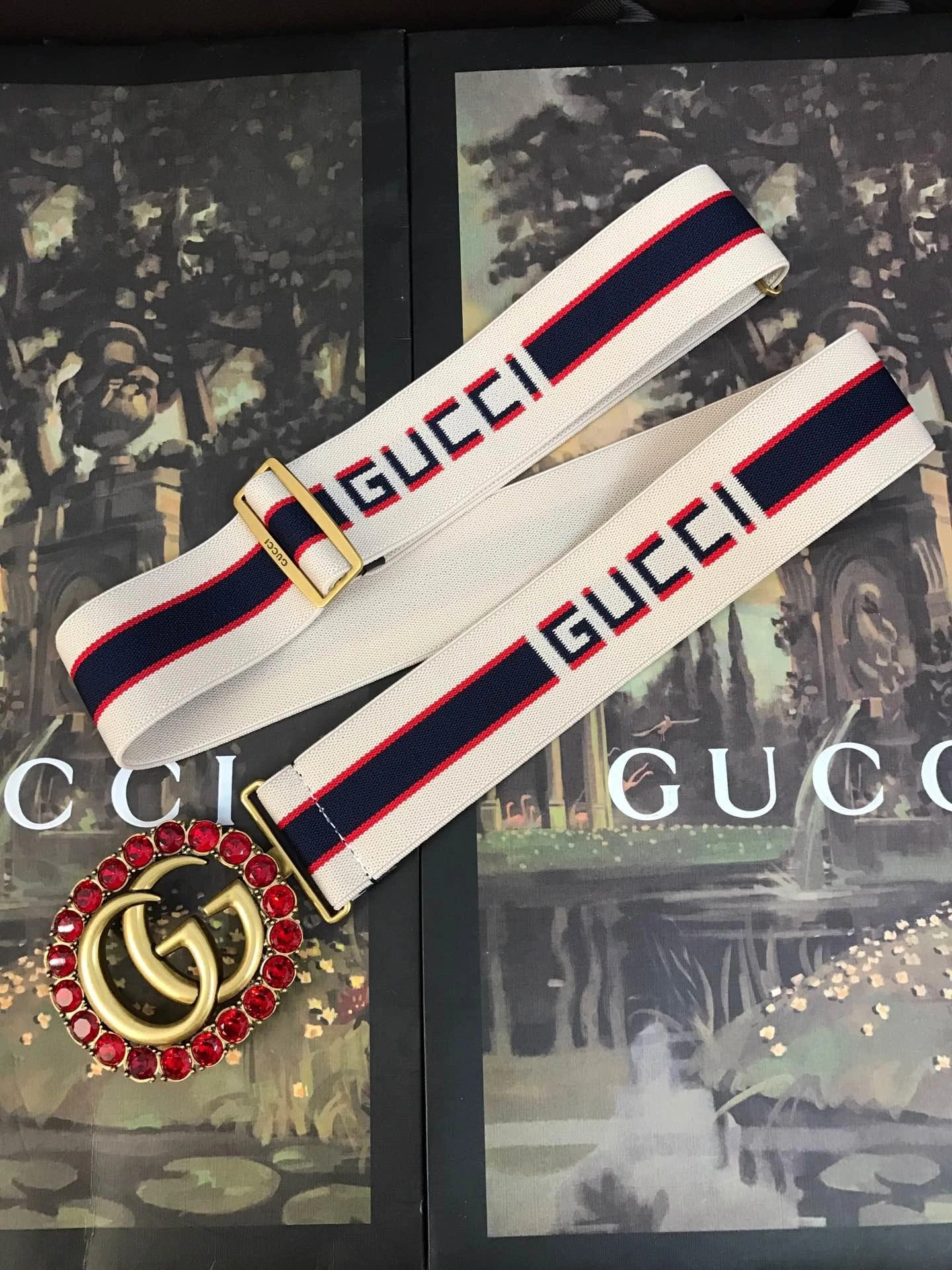 Gucci stripe belt with Double G and crystals 499696