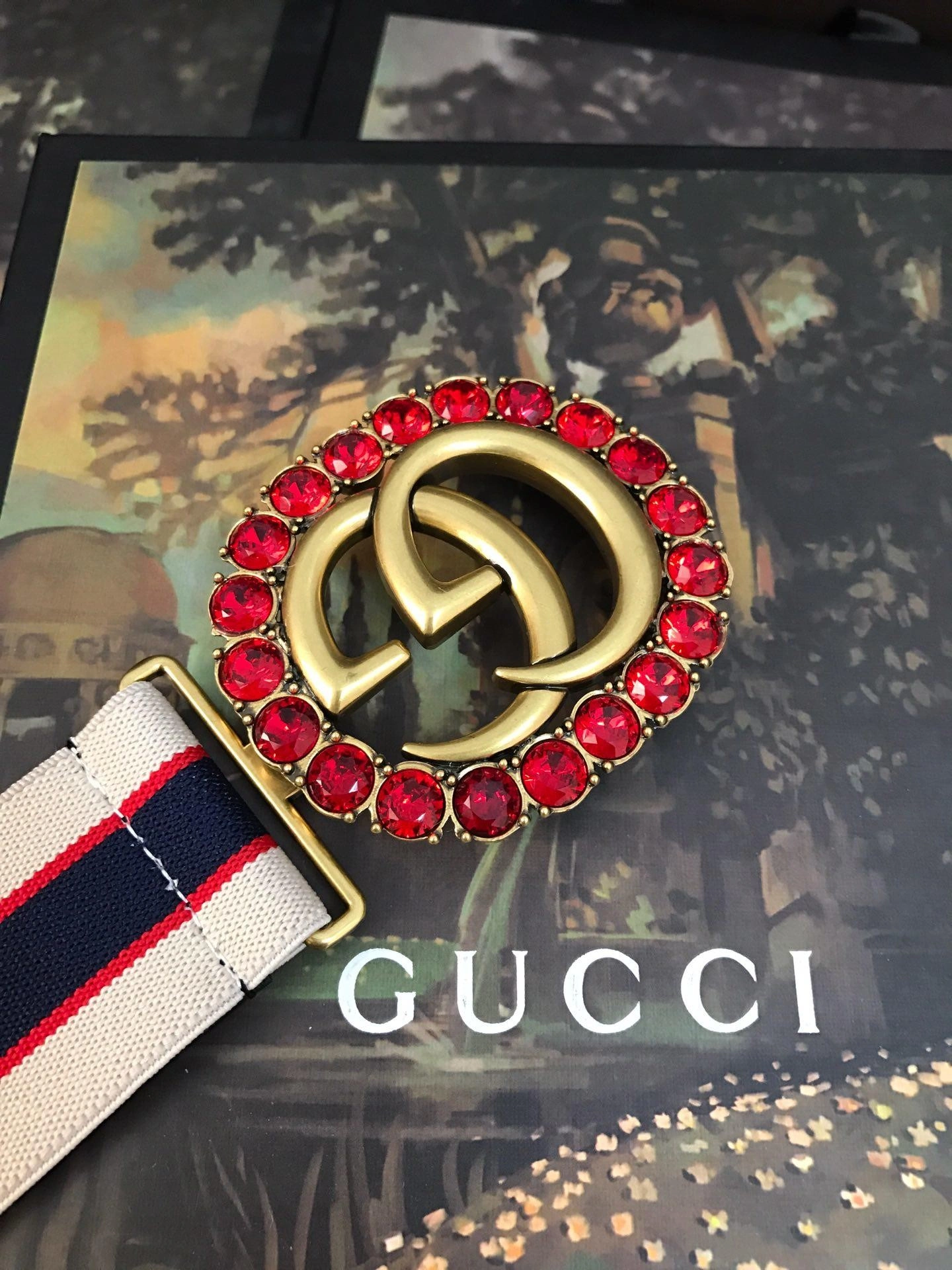 Gucci stripe belt with Double G and crystals 499696