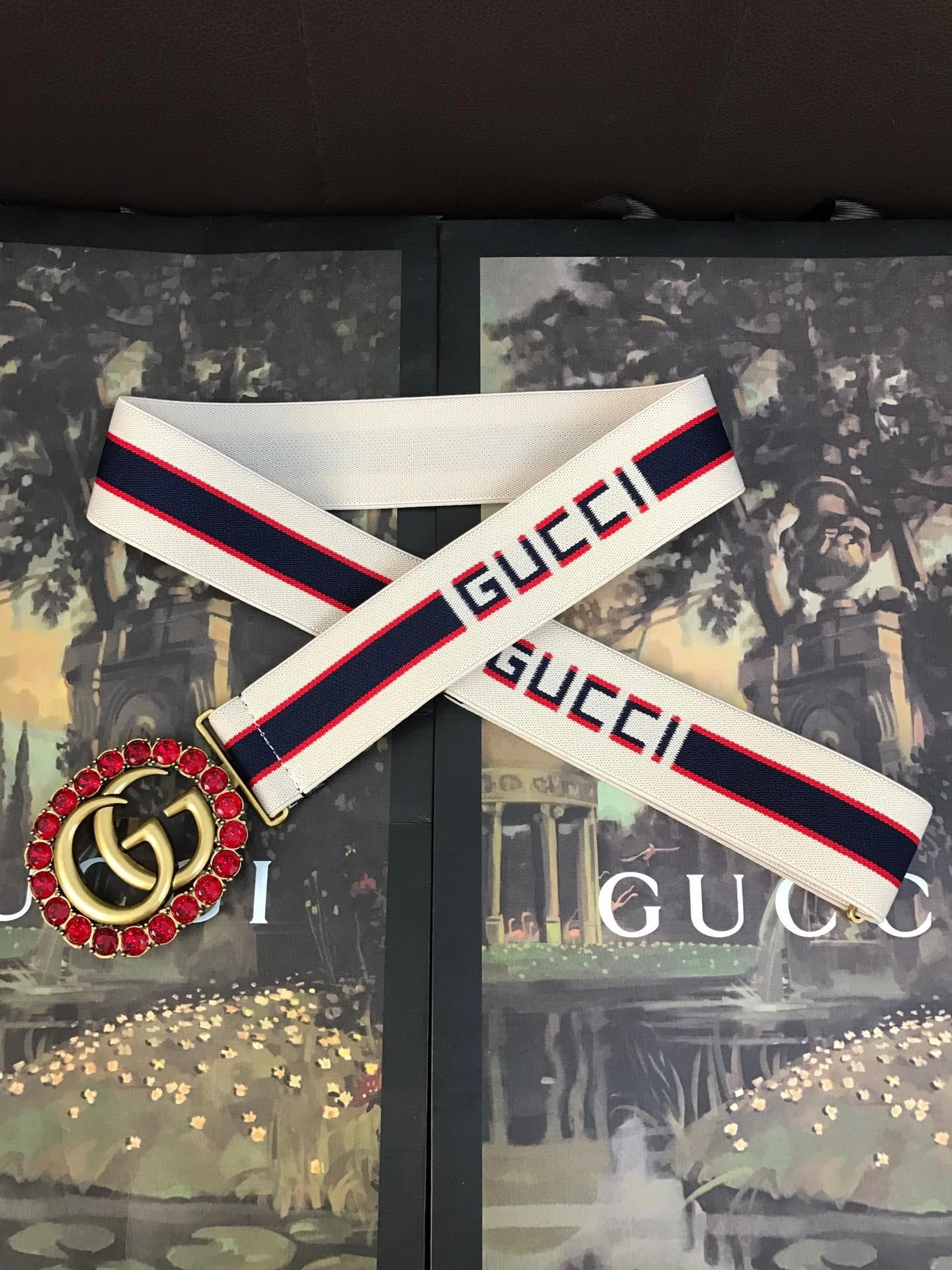 Gucci stripe belt with Double G and crystals 499696