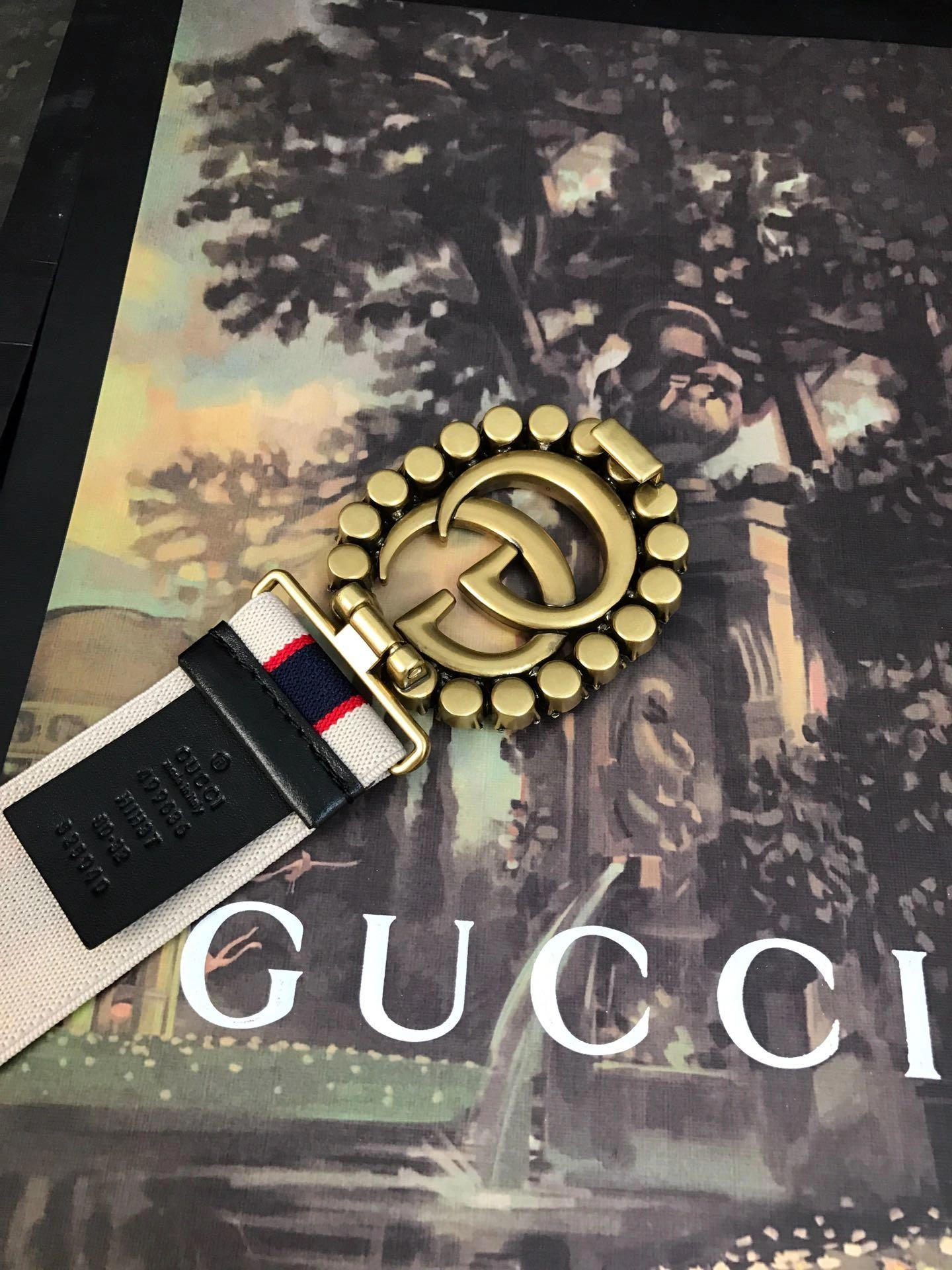 Gucci stripe belt with Double G and crystals 499696