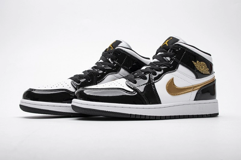 Jordan 1 Mid Patent Black White Gold   852542-007