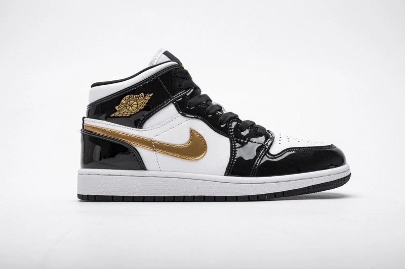 Jordan 1 Mid Patent Black White Gold   852542-007