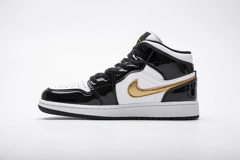 Jordan 1 Mid Patent Black White Gold   852542-007