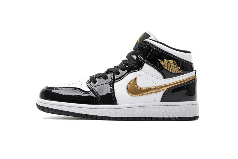 Jordan 1 Mid Patent Black White Gold   852542-007