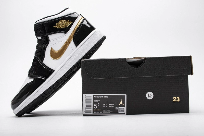 Jordan 1 Mid Patent Black White Gold   852542-007