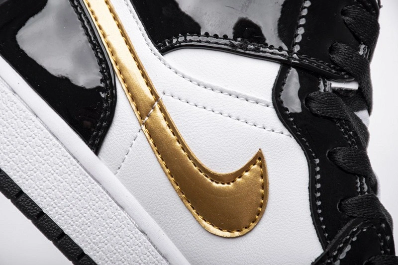 Jordan 1 Mid Patent Black White Gold   852542-007