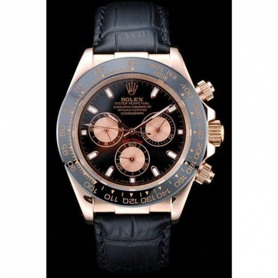 Rolex Daytona Rose Gold Case Black Dial Black Leather Strap ...