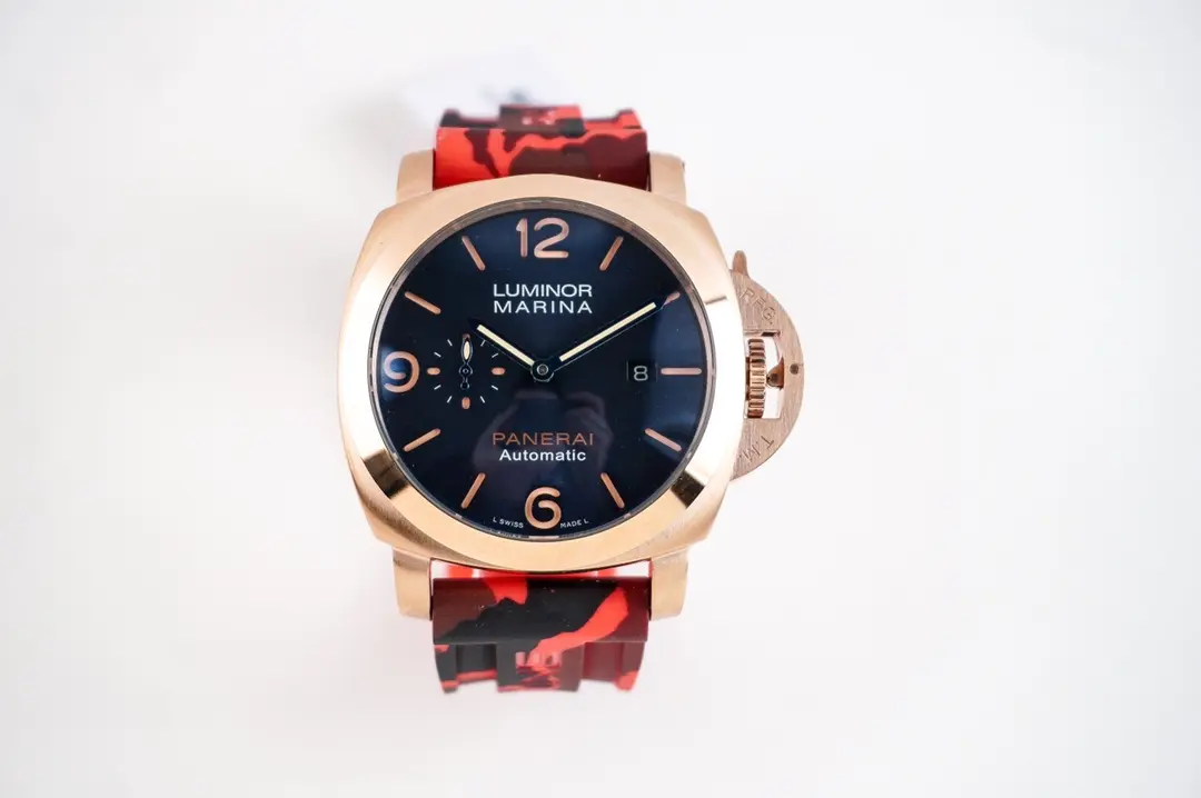 Panerai Luminor Marina Automatic Navy Blue Dial Rose Gold Case Red Camo Rubber Strap Men’s Luxury Watch StreetReady 786
