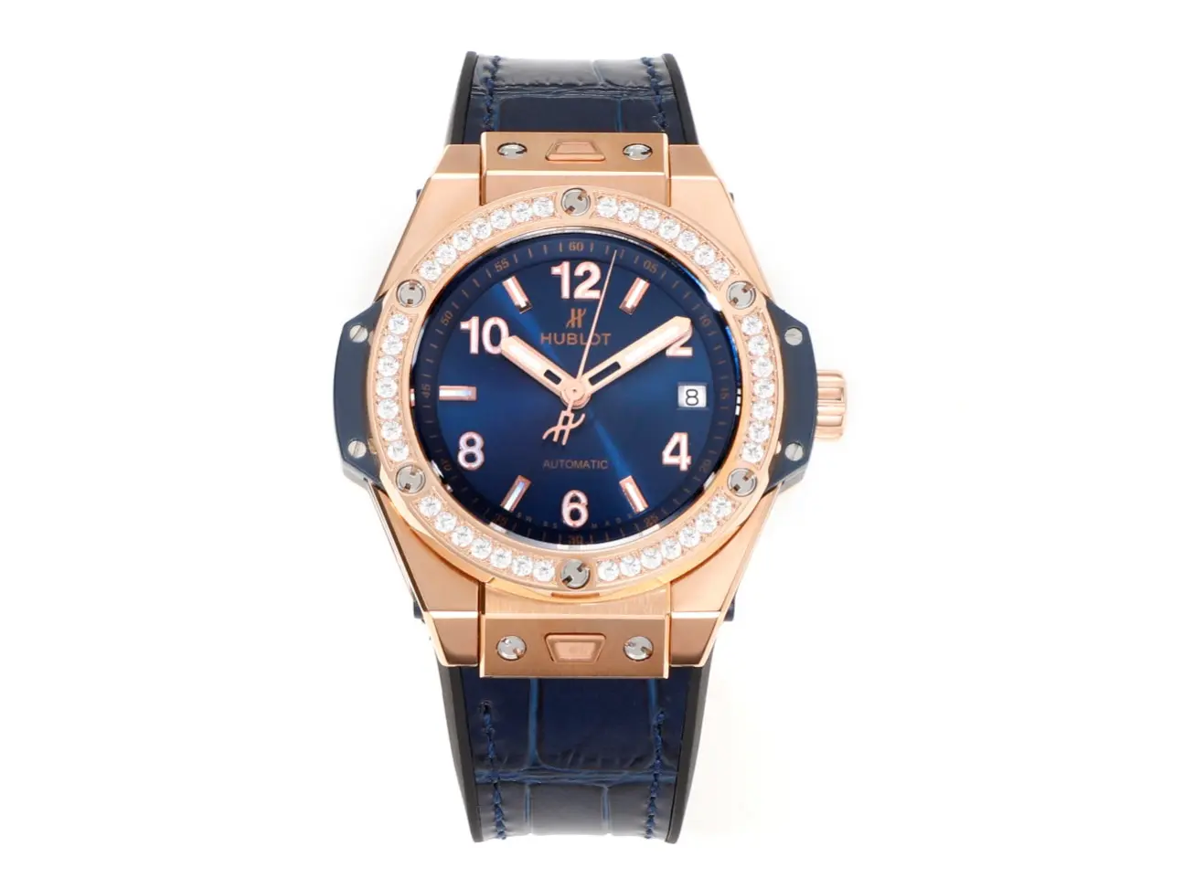 JB Factory HUBLOT Big Bang One-Click 39mm Rose Gold Blue Dial Diamond Set Automatic Super Clone Watch Breathable 5999