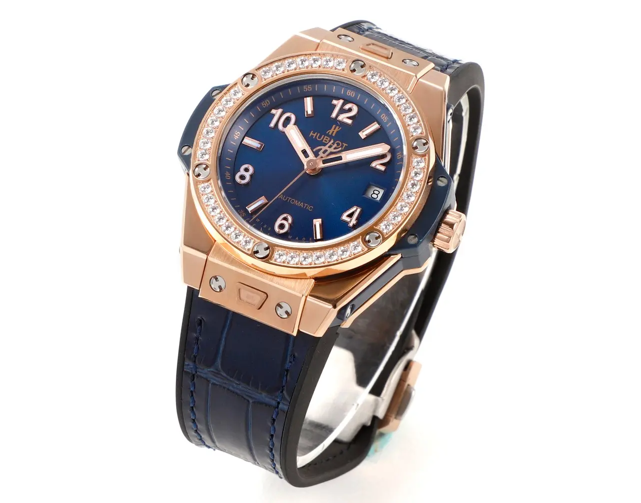 Classic GS Factory HUBLOT Big Bang One-Click 39mm Rose Gold Blue Dial Diamond Set Automatic Super Clone Watch 5811