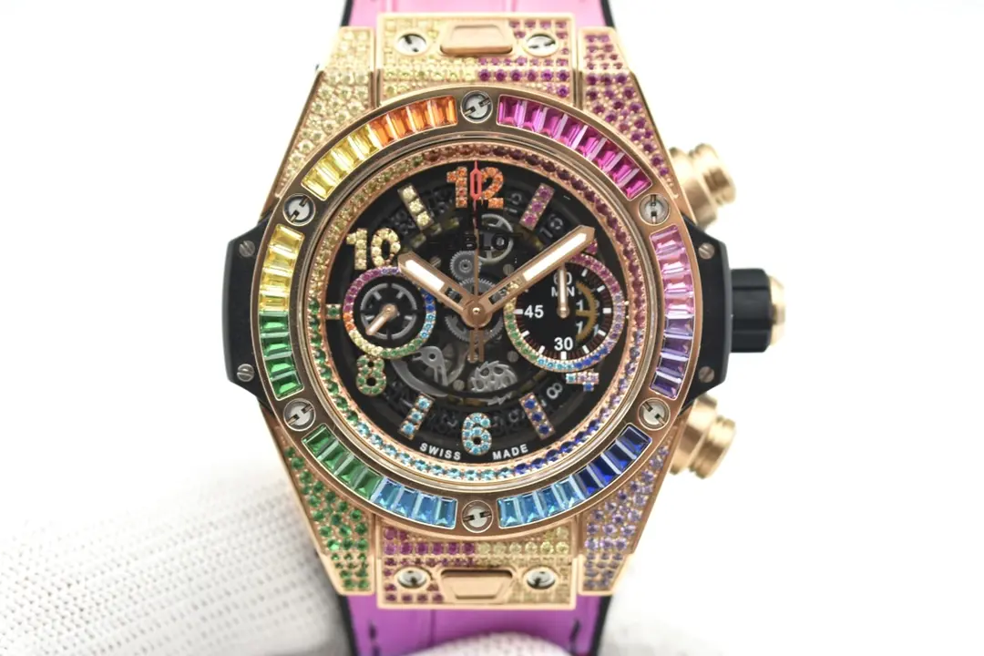 HighPerformance JB Factory Hublot Big Bang Rainbow 44mm Chronograph Watch with Pink Rubber Strap – Super Clone Edition 6010