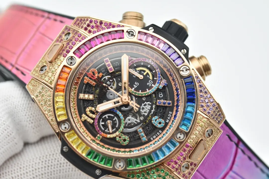 HighPerformance JB Factory Hublot Big Bang Rainbow 44mm Chronograph Watch with Pink Rubber Strap – Super Clone Edition 6010