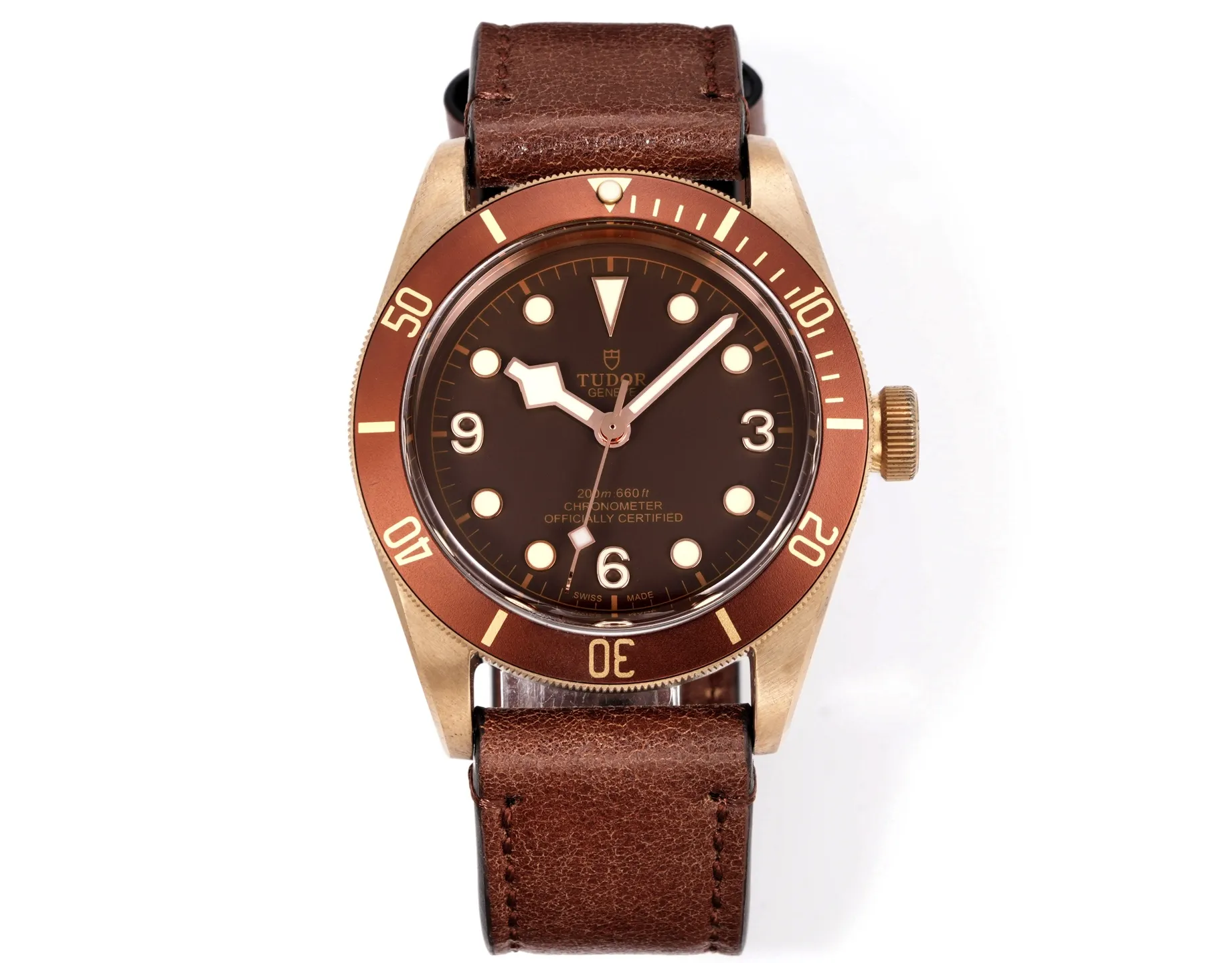 Tudor Black Bay Bronze Automatic Diver’s Watch with Black Dial and Brown Leather Strap Breathable 4282