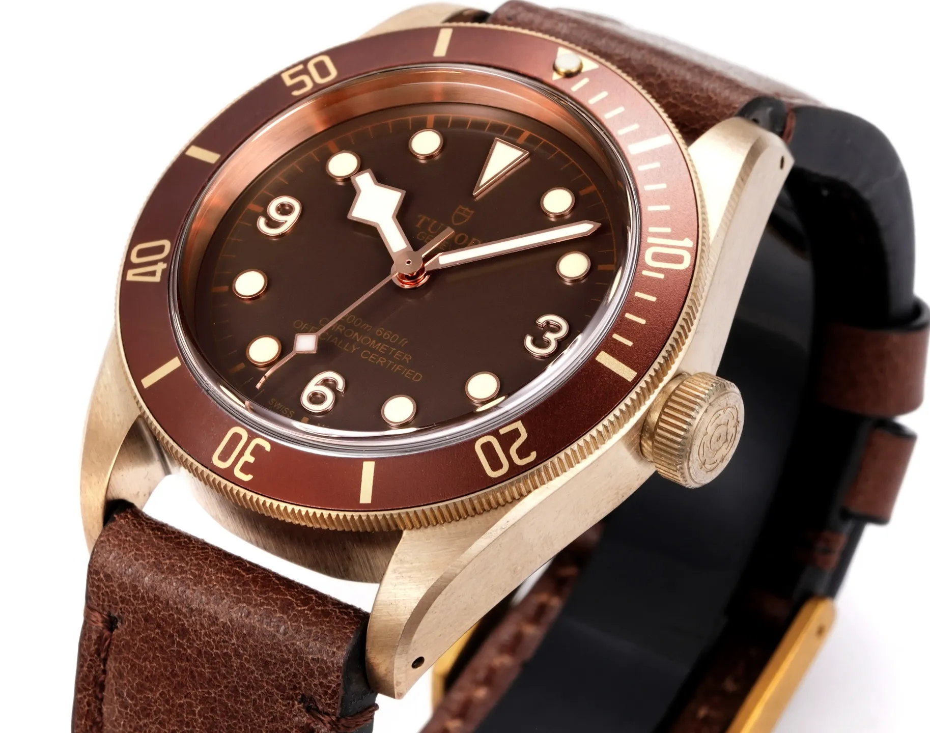 Tudor Black Bay Bronze Automatic Diver’s Watch with Black Dial and Brown Leather Strap Breathable 4282