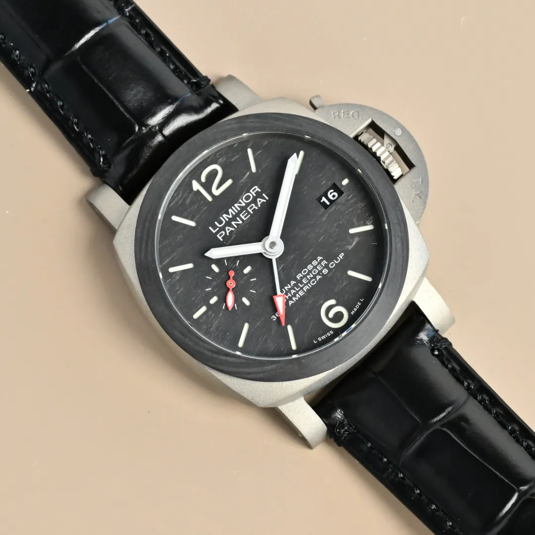 Elegant VS Factory Panerai Luminor America’s Cup Black Dial Silver Titanium Case Black Alligator Leather Strap Men’s Luxury Watch 795