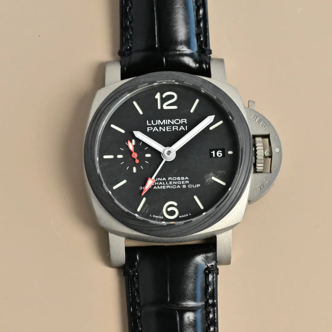 ComfortFit Panerai Luminor America’s Cup Black Dial Silver Titanium Case Black Alligator Leather Strap Men’s Luxury Watch 814