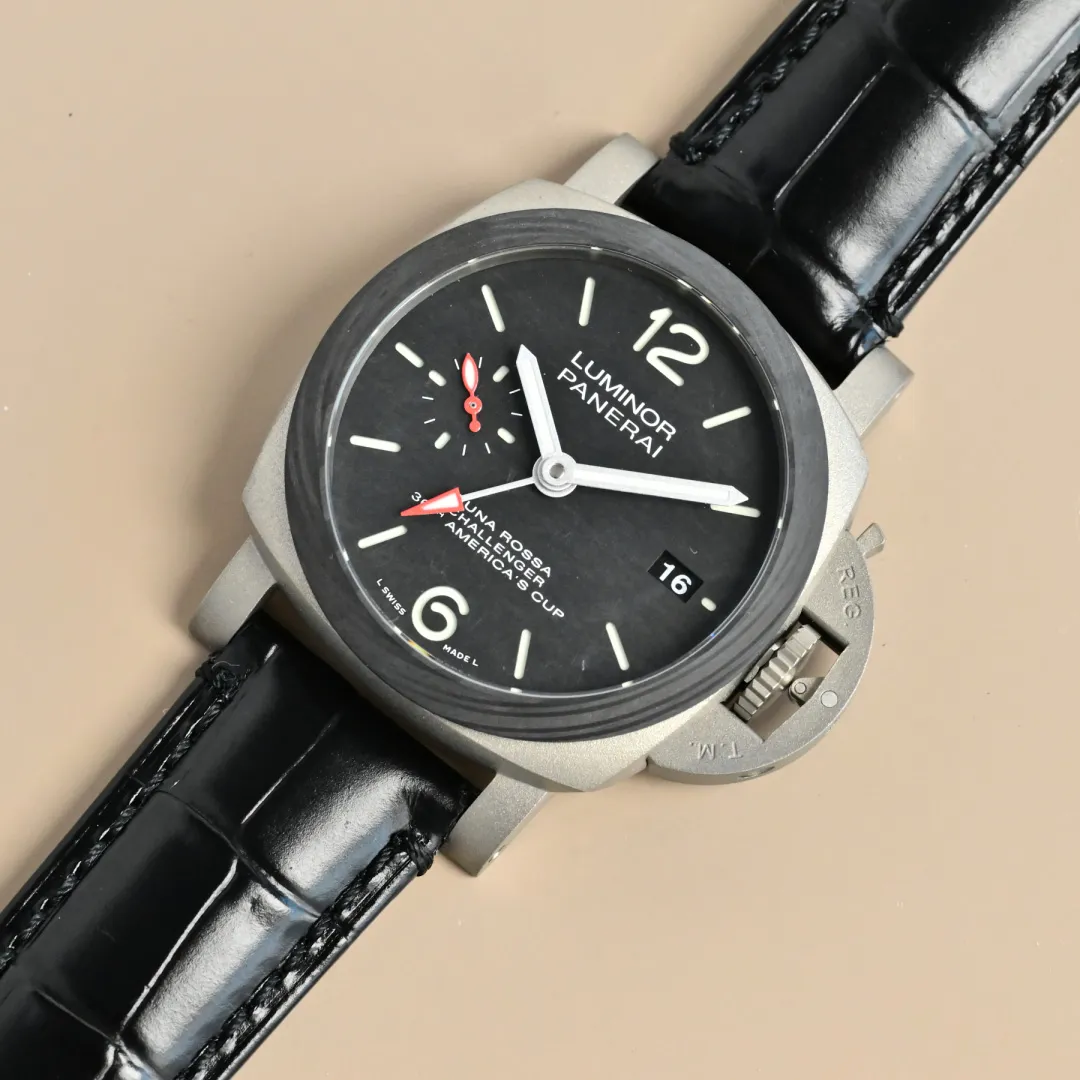 Elegant VS Factory Panerai Luminor America’s Cup Black Dial Silver Titanium Case Black Alligator Leather Strap Men’s Luxury Watch 795