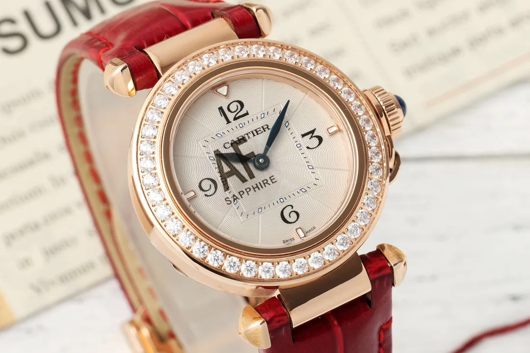 Cartier Ballon Bleu de Cartier Women’s Rose Gold Watch with Diamond Bezel and Red Leather Strap TravelReady 2817