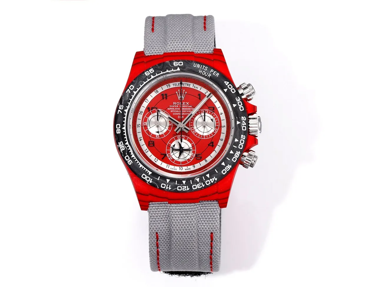 Rolex Daytona Carbon Fiber Night Glow Case Watch – Red Dial, Grey Strap by VSF Watches Official Practical 32