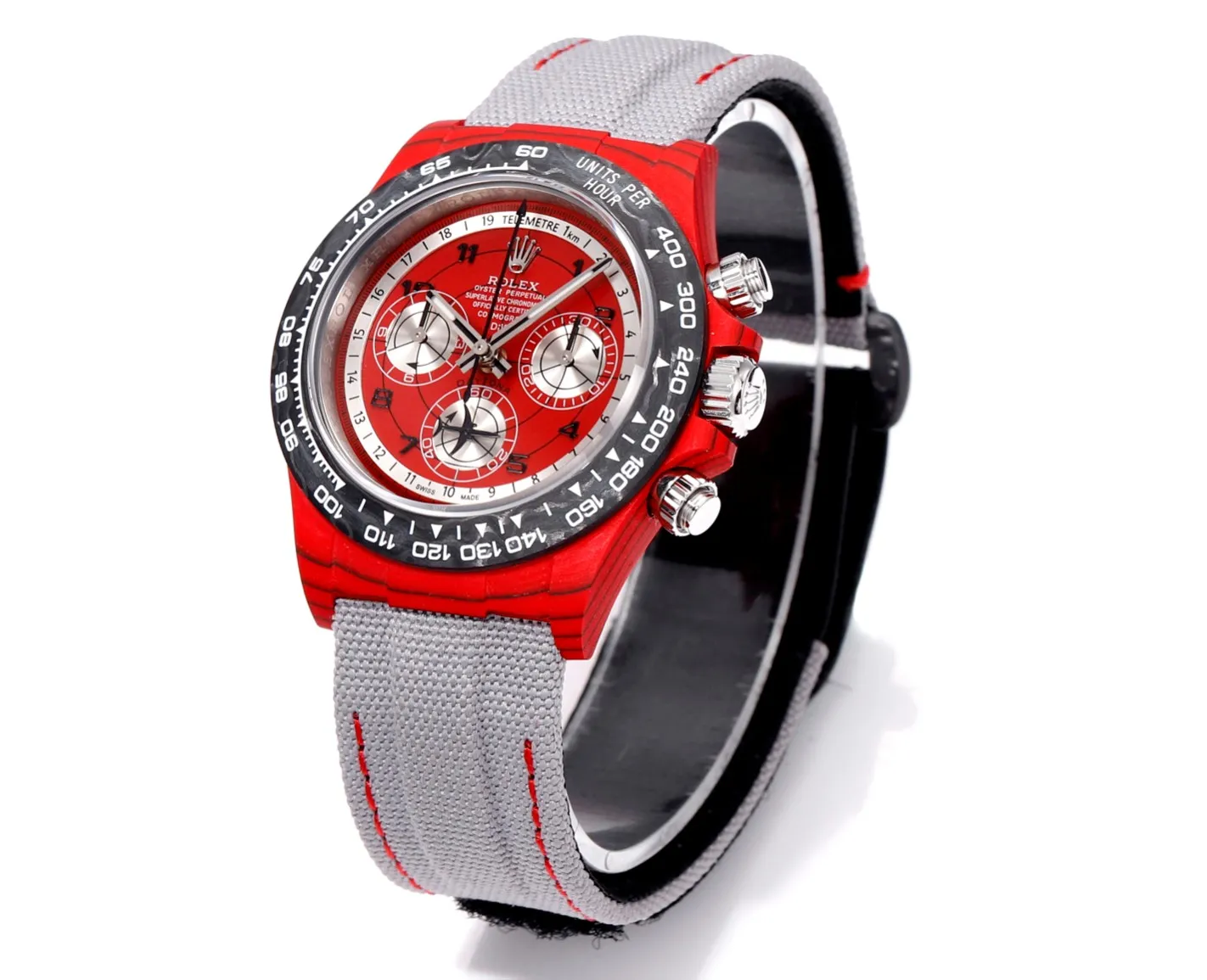 Rolex Daytona Carbon Fiber Night Glow Case Watch – Red Dial, Grey Strap by VSF Watches Official Practical 32