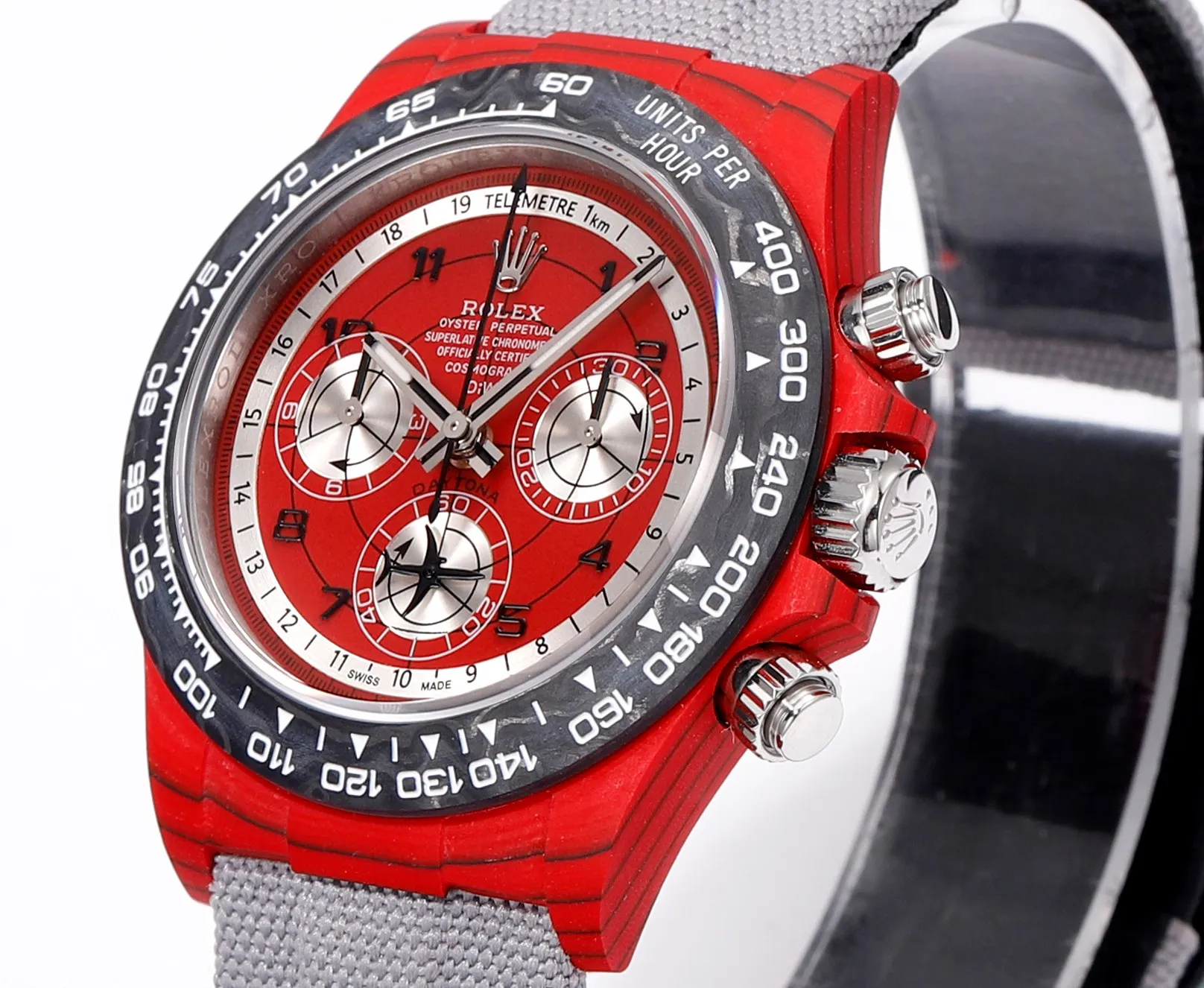 Rolex Daytona Carbon Fiber Night Glow Case Watch – Red Dial, Grey Strap by VSF Watches Official Practical 32