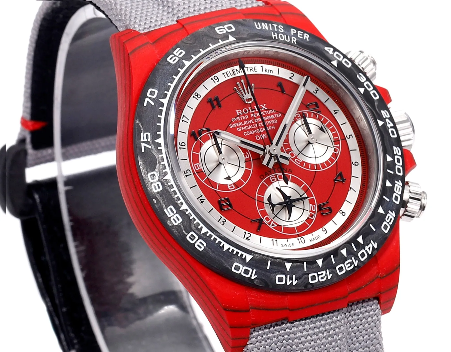Rolex Daytona Carbon Fiber Night Glow Case Watch – Red Dial, Grey Strap by VSF Watches Official Practical 32