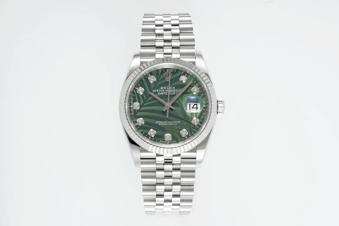 MultiPurpose VS Factory Rolex Datejust 36mm Green Palm Motif Dial Diamond Bezel Stainless Steel Jubilee Watch 4434