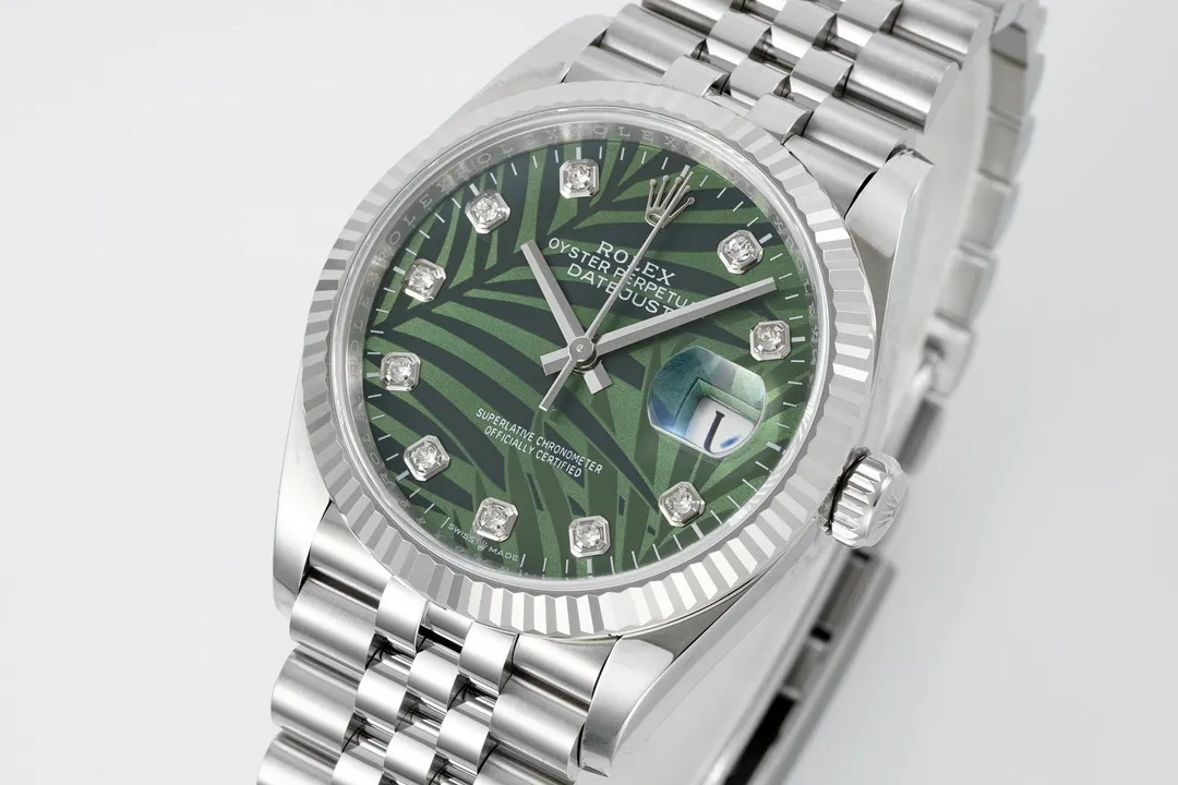 Soft VS Factory Rolex Datejust 36mm Green Palm Motif Dial Diamond Bezel Stainless Steel Jubilee Watch 292