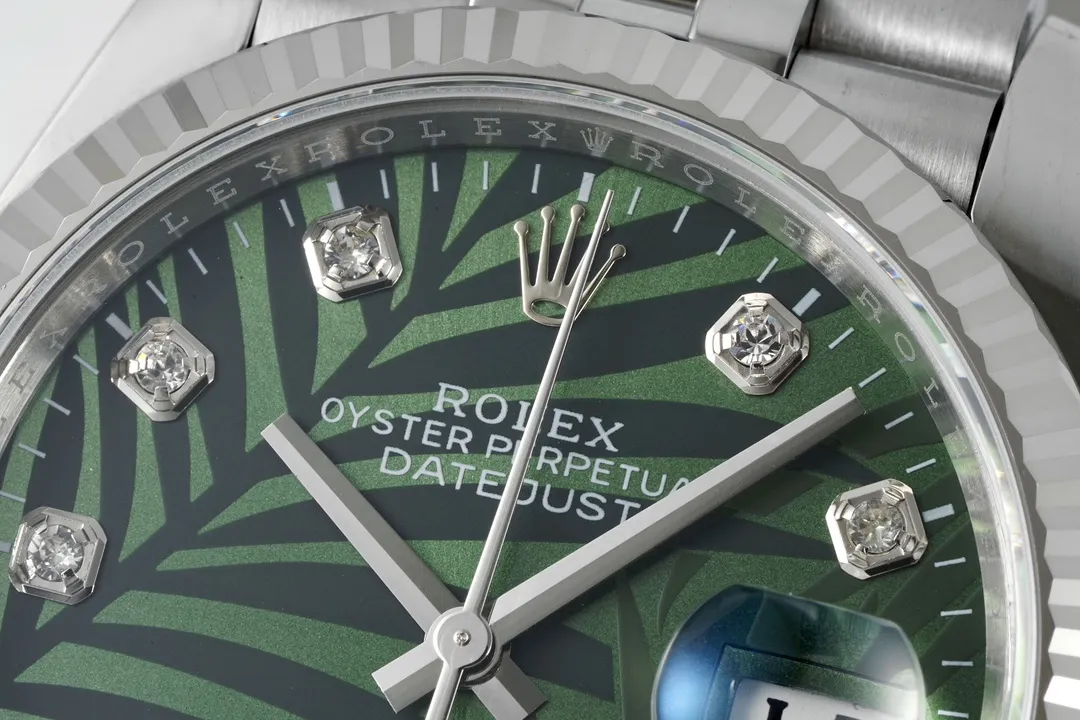 Soft VS Factory Rolex Datejust 36mm Green Palm Motif Dial Diamond Bezel Stainless Steel Jubilee Watch 292
