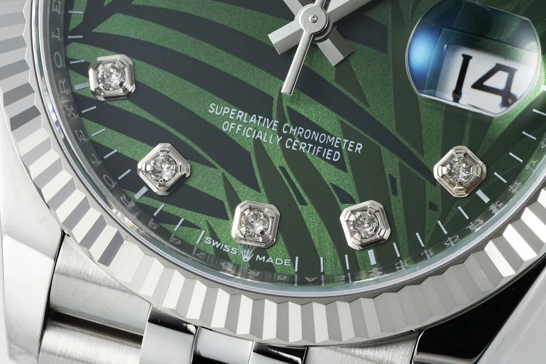 Soft VS Factory Rolex Datejust 36mm Green Palm Motif Dial Diamond Bezel Stainless Steel Jubilee Watch 292