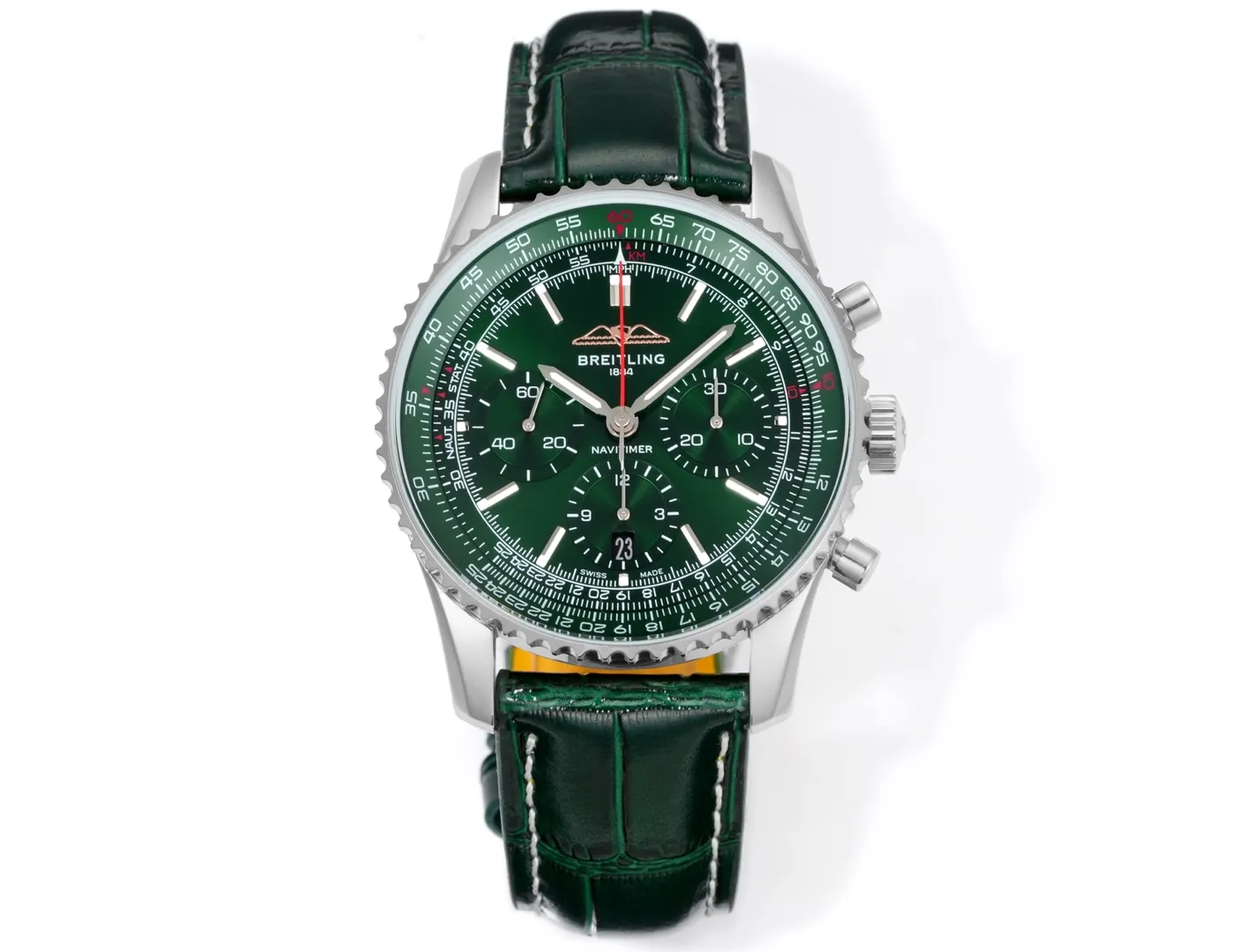 Vibrant BLS Factory Breitling Navitimer Chronograph Green Dial Leather Strap Aviation Watch 5556