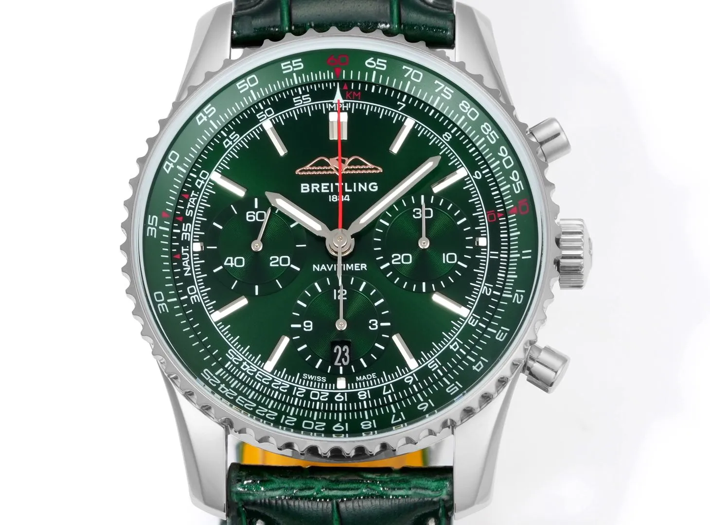 Vibrant BLS Factory Breitling Navitimer Chronograph Green Dial Leather Strap Aviation Watch 5556