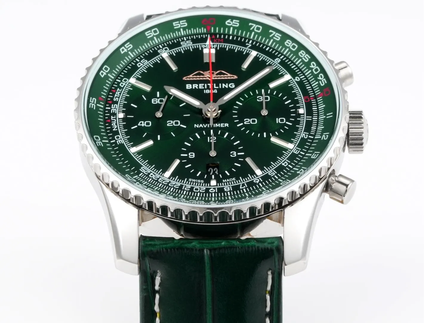 Vibrant BLS Factory Breitling Navitimer Chronograph Green Dial Leather Strap Aviation Watch 5556