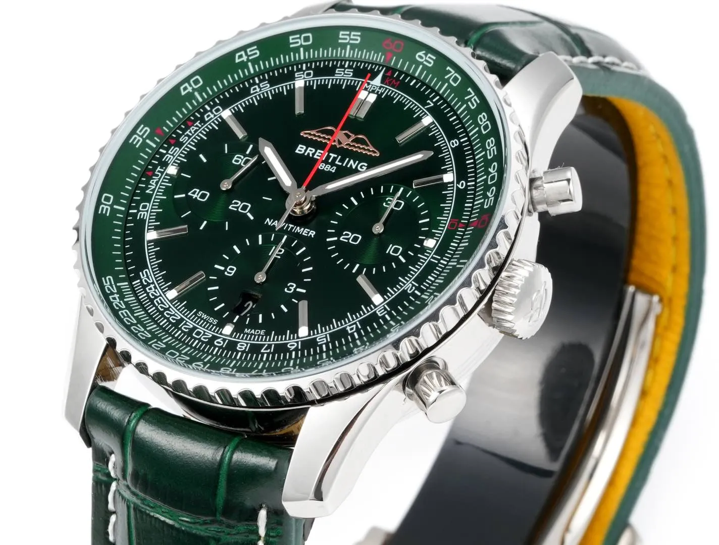 Vibrant BLS Factory Breitling Navitimer Chronograph Green Dial Leather Strap Aviation Watch 5556