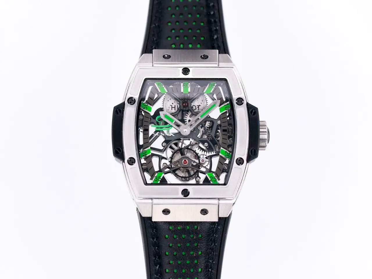 Bright ZF Factory Hublot Masterpiece 906 Tourbillon Watch – Silver with Green Accents, Manual Wind Movement, Leather Strap, Super Clone Design 1393