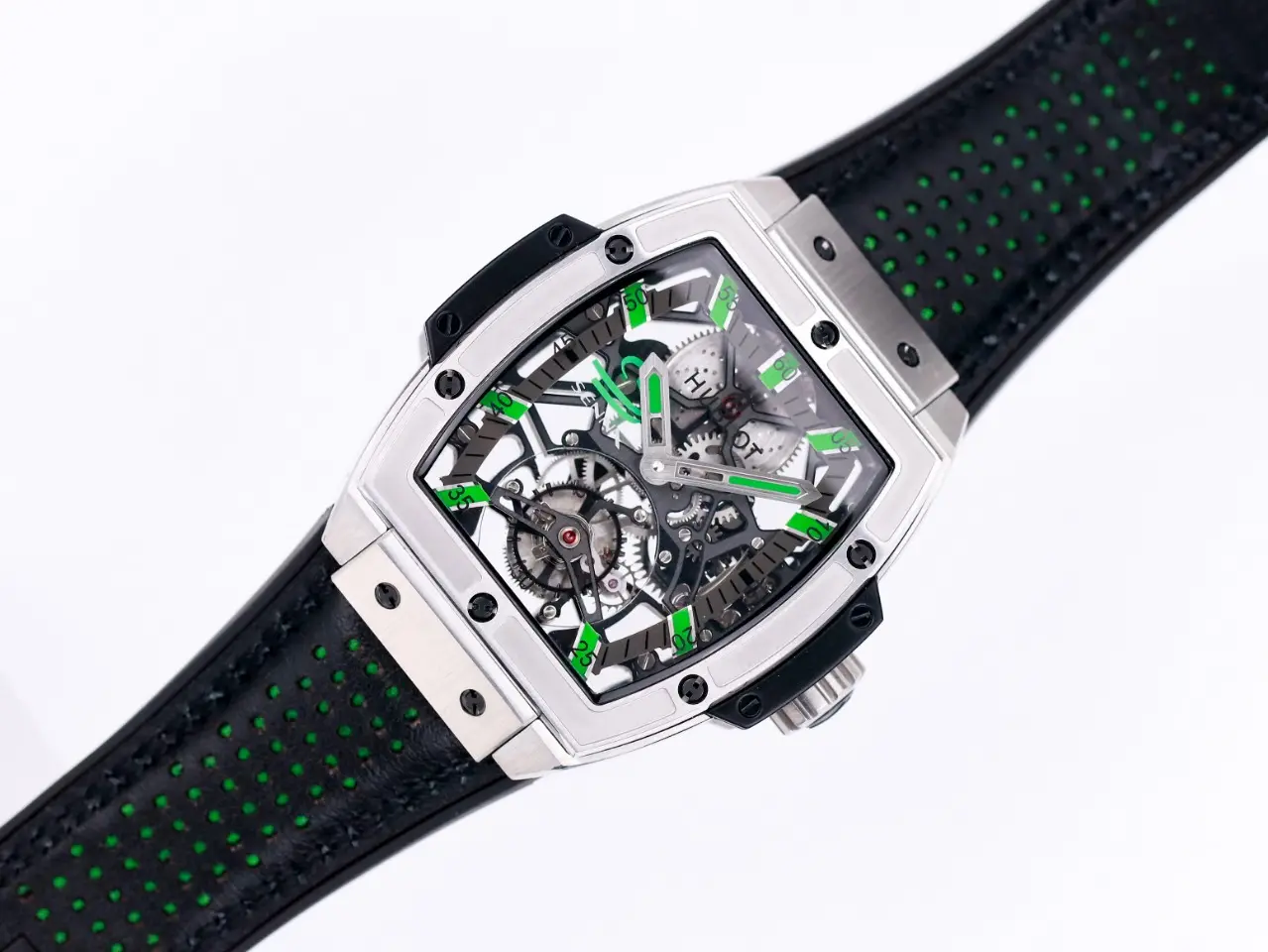 Bright ZF Factory Hublot Masterpiece 906 Tourbillon Watch – Silver with Green Accents, Manual Wind Movement, Leather Strap, Super Clone Design 1393
