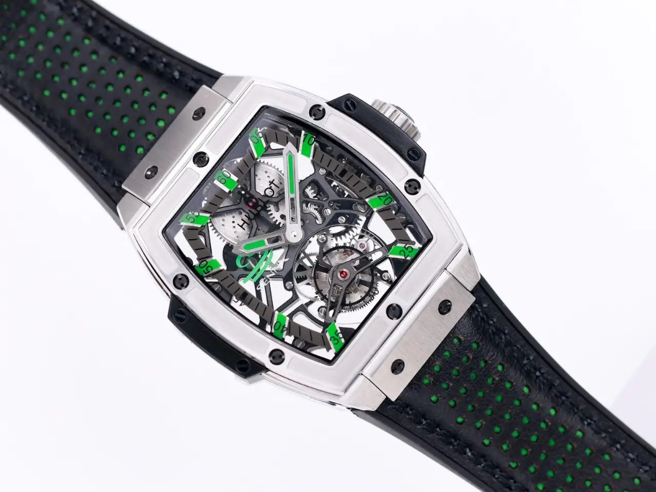 Bright ZF Factory Hublot Masterpiece 906 Tourbillon Watch – Silver with Green Accents, Manual Wind Movement, Leather Strap, Super Clone Design 1393