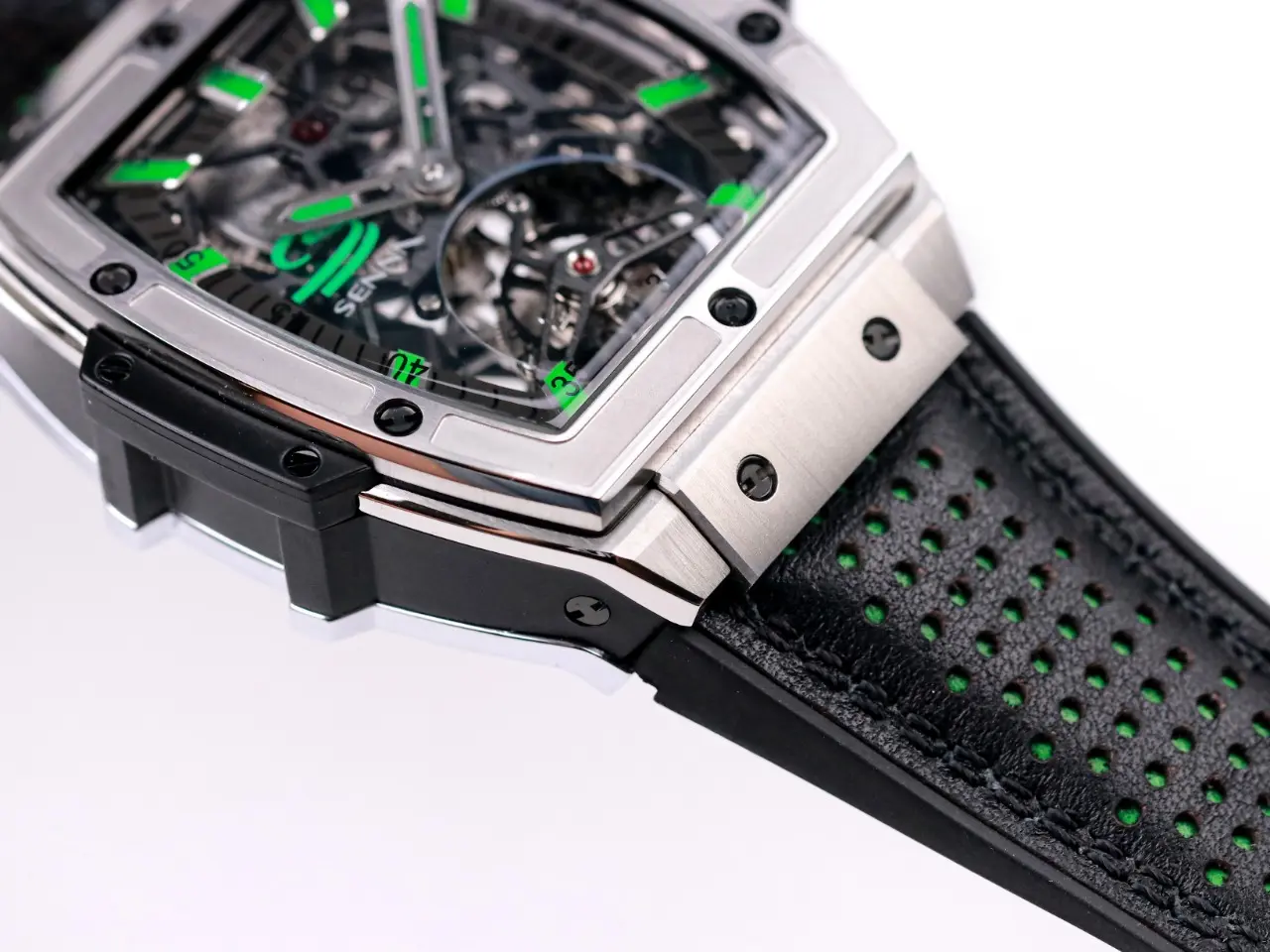 Bright ZF Factory Hublot Masterpiece 906 Tourbillon Watch – Silver with Green Accents, Manual Wind Movement, Leather Strap, Super Clone Design 1393